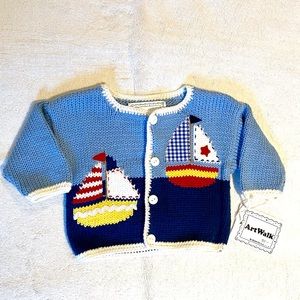Art Walk Cotton Button Front Sweater, Sailboats, 6 months